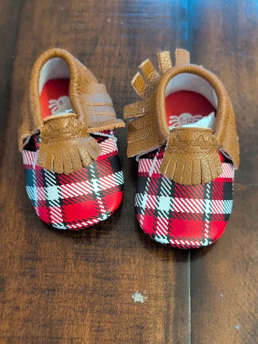 Baby Moccasins Brown Fringe with Red Plaid. Never Used